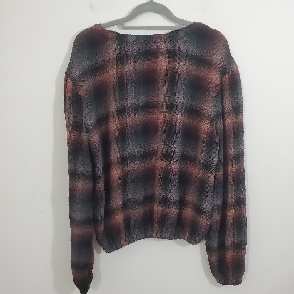 Bella Dahl Top Smocked Boho Pullover Canyon Pucker Plaid Dark Academia Medium - Picture 8 of 9